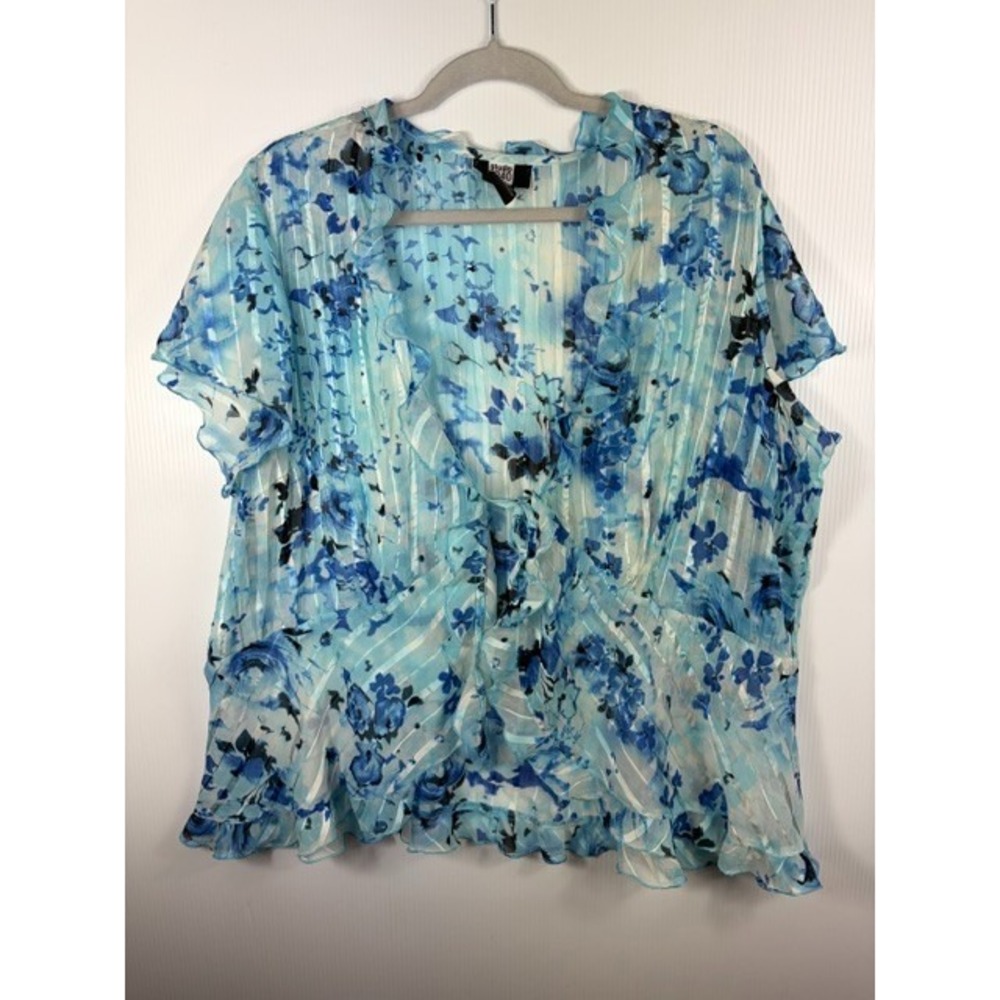 Studio 1940 Womens 22 24 Blue Floral Sheer Tie Front Blouse Ruffle Y2K Cami Top